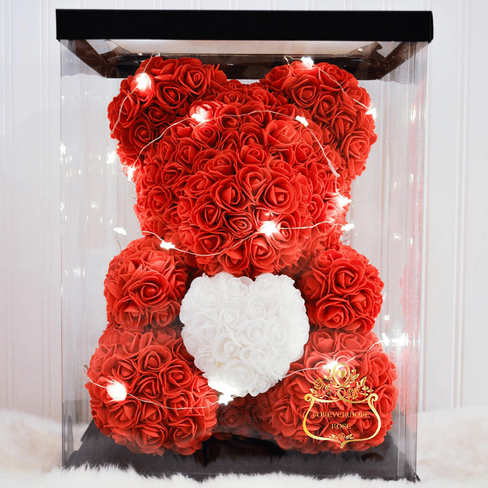 Handmade Rose Bear With LED Gift Box, Handmade Flower Bears - RoseBearUs