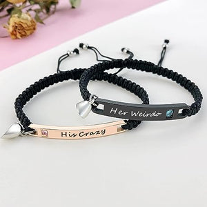 
                  
                    personalized couple bracelet set on a table on display
                  
                