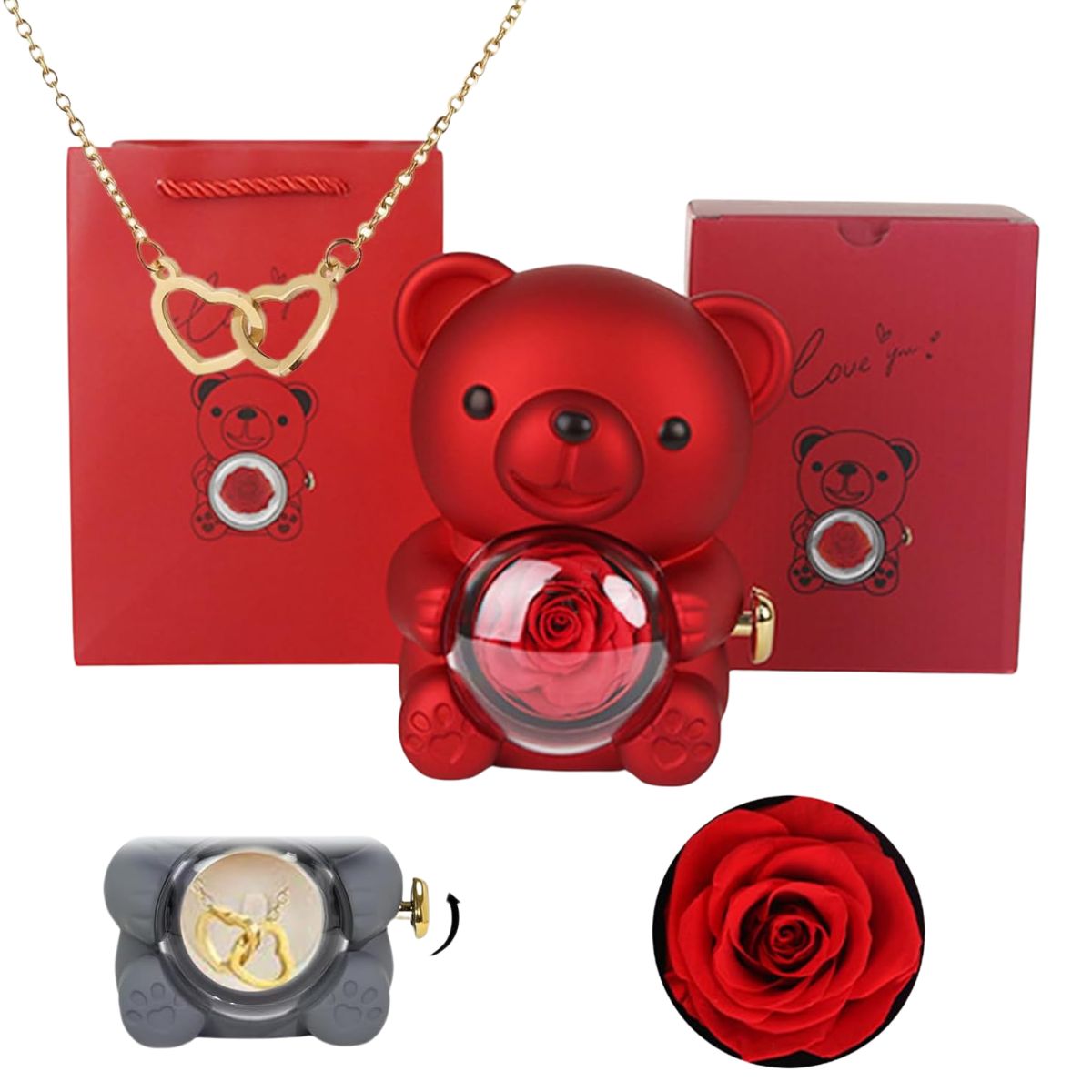 Eternal Rose Bear Box With Engraved Necklace